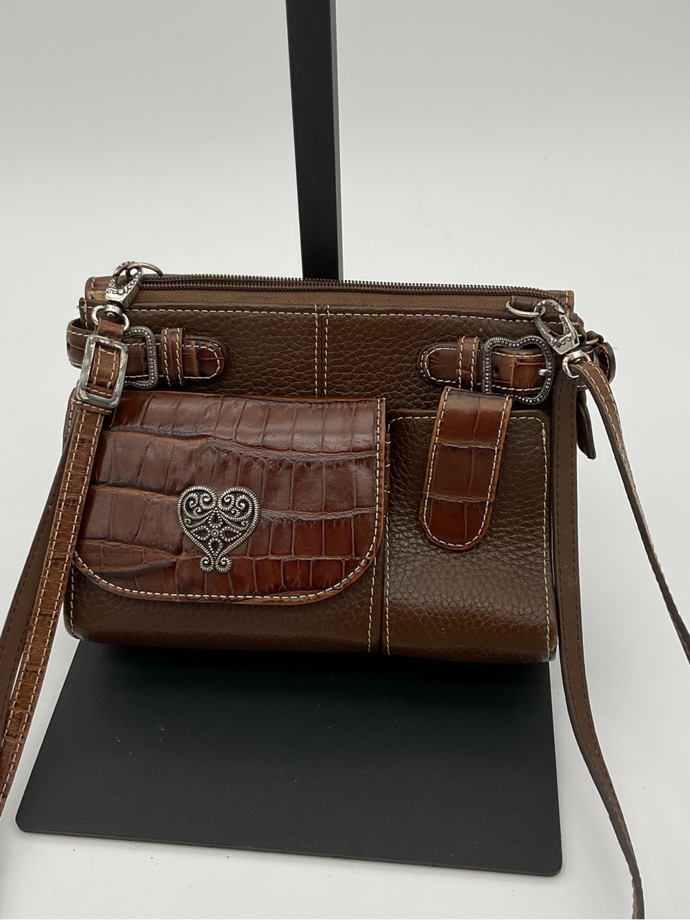 Brighton Brown Croc-Finish Accent Leather Crossbody Bag with Heart Medallion